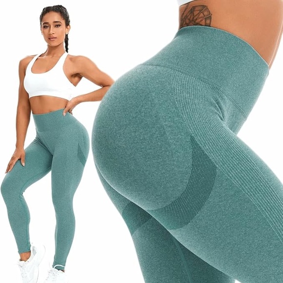 Green Gym Set: Bubble Butt Marled Gray Seamless Leggings + Long Sleeve Crop Top - Picture 8 of 14
